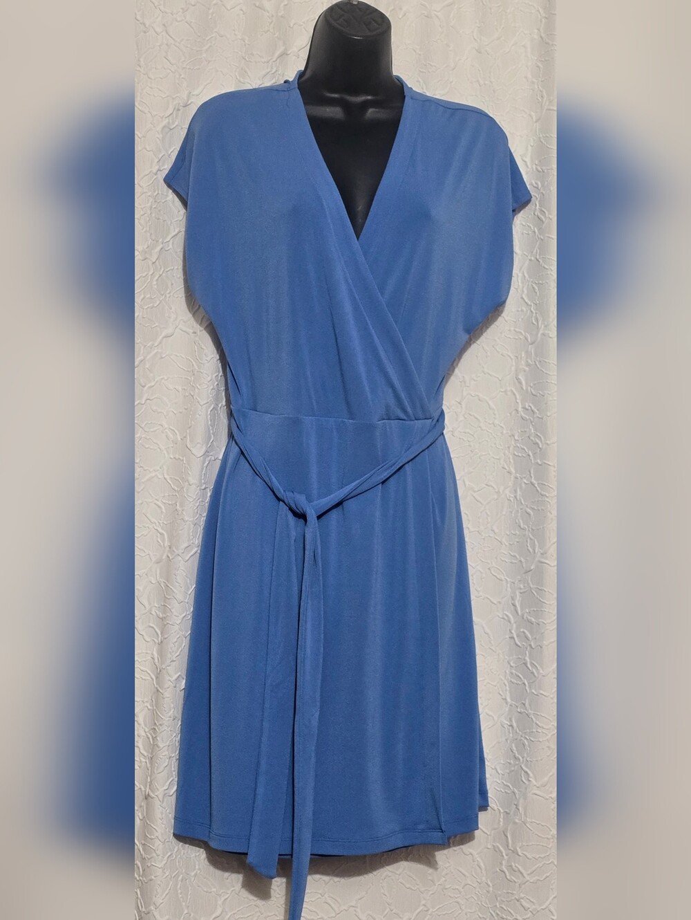 Nine West Blue Wrap Dress Faux Wrap Belted Stretch Knee Length Size Large